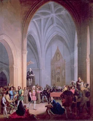 A carta dos Reis Católicos ordenando que os habitantes de Palos forneçam dois navios para Cristóvão Colombo é lida do púlpito da Igreja de S. Jorge em 23 de maio de 1492.